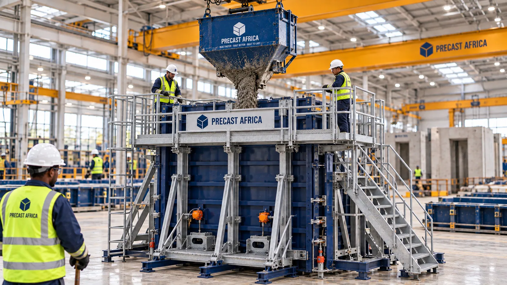 Concrete pouring from a crane skip into a volumetric mould, with operatives on the mould's top platform in the production hall.