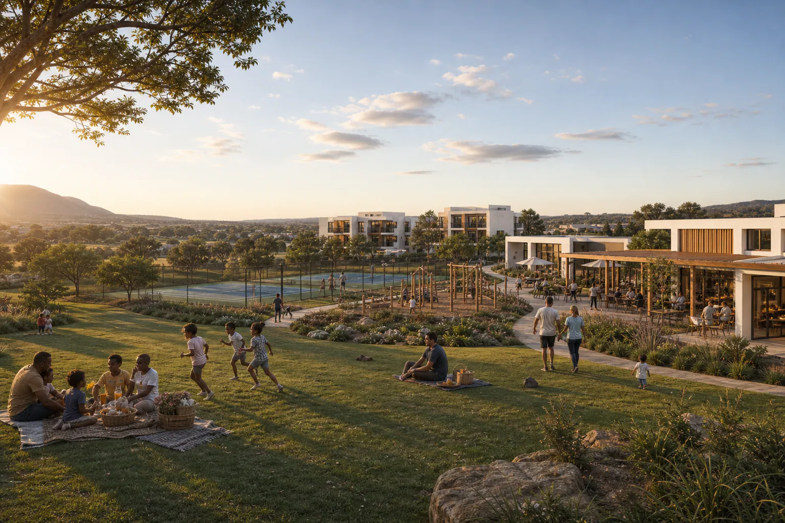 Families in a park at golden hour, with apartments, a clubhouse and sports courts of a completed Precast Africa neighbourhood behind them.