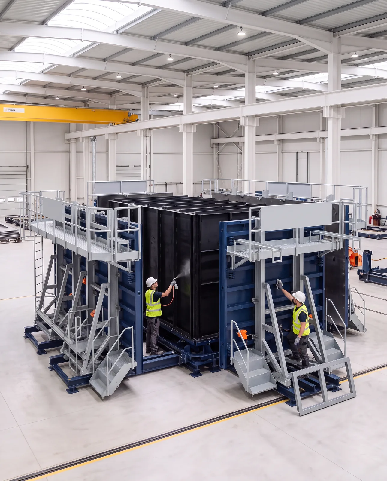 Operatives spraying release agent onto the black collapsible core of a navy Moldtech volumetric mould, its outer walls slid back on their rails.