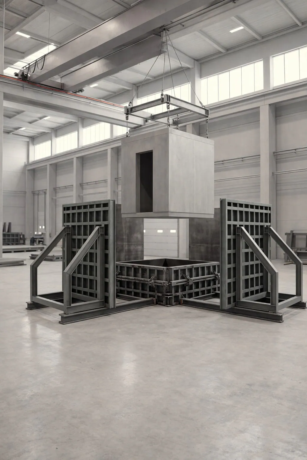 Artist's impression of a cast concrete room module being extracted from an opened hydraulic mould.