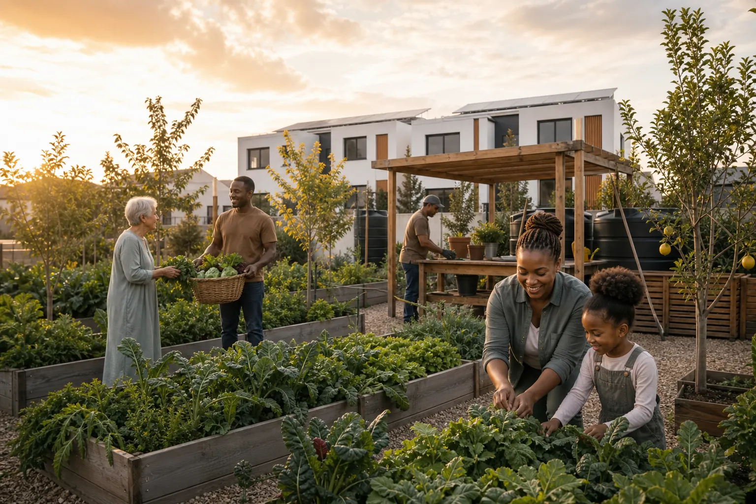 Urban agriculture within a Precast Africa integrated development — raised beds and orchards between homes.