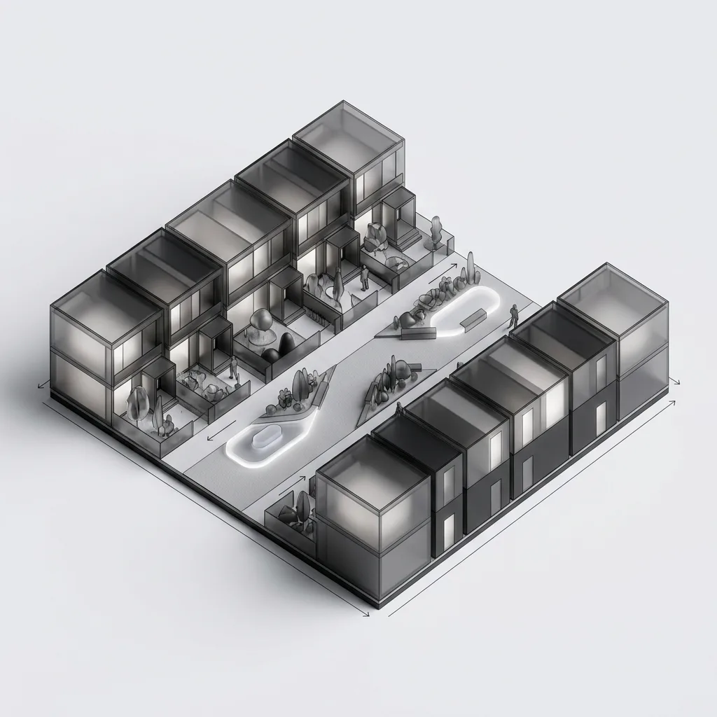 Zone concept card: townhouse rows with shared landscaped courts.