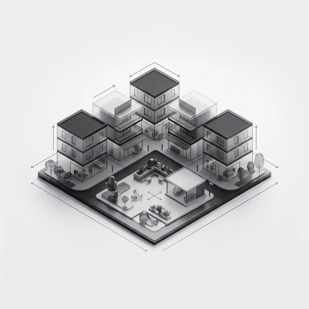 Zone concept card: mixed-use centre with shops and cafés at ground level.
