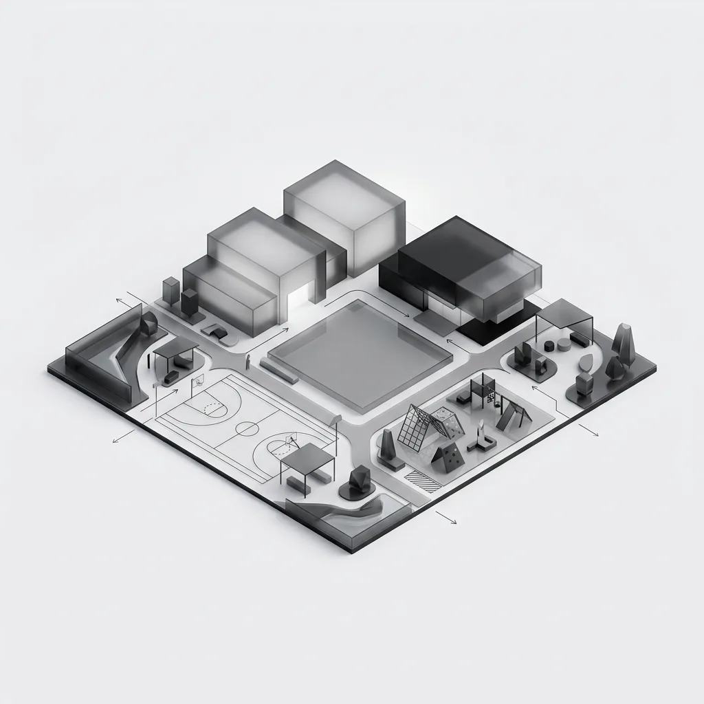 Zone concept card: civic and recreation zone with clubhouse, courts and central lawn.
