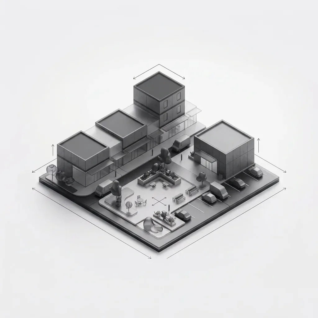 Zone concept card: retail precinct — a neighbourhood shopping street of modular precast shop units around a landscaped plaza.