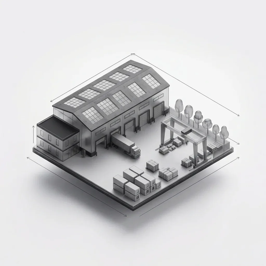 Zone concept card: warehouse and light-factory precinct with loading docks, yard and gantry crane.