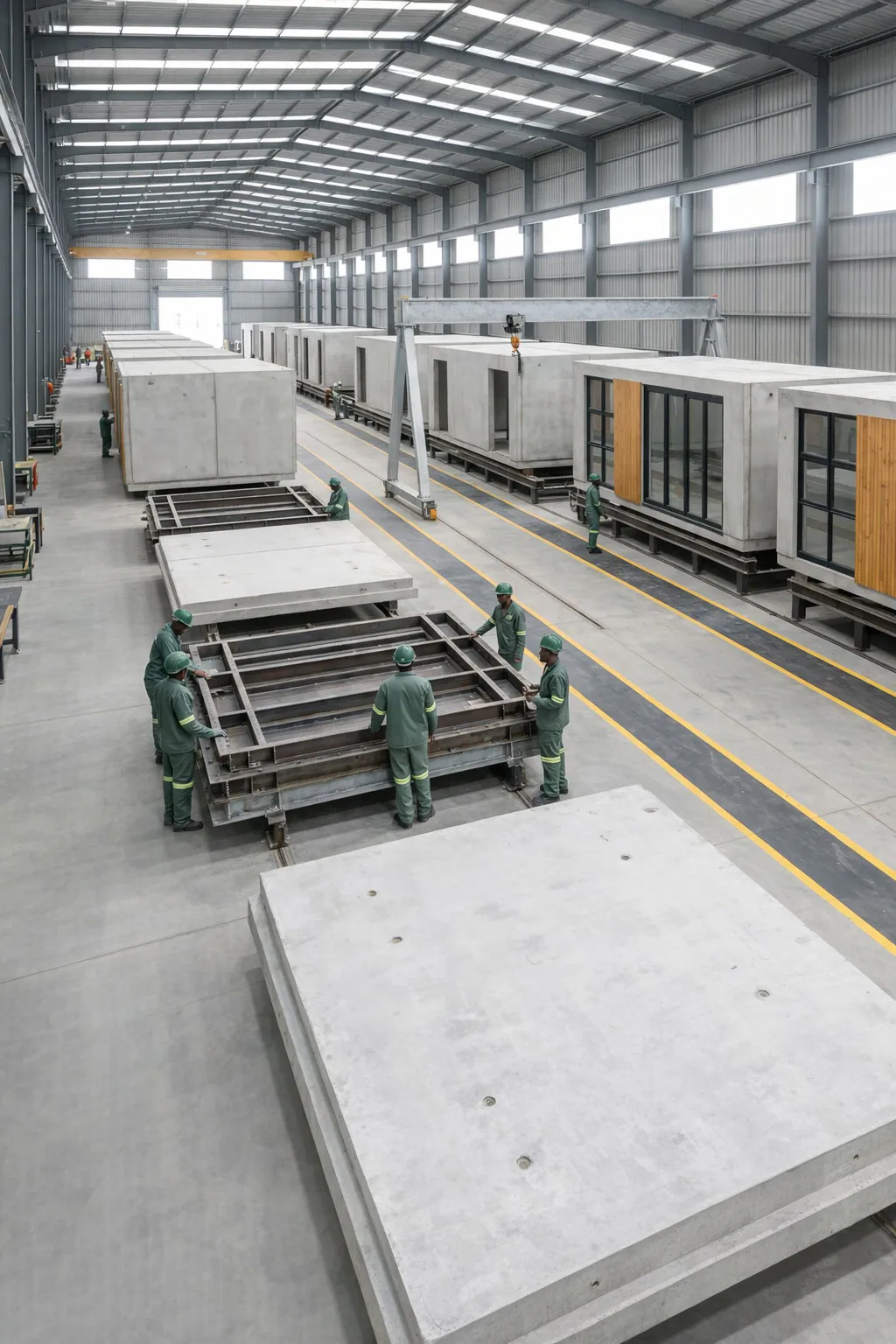 Interior of a precast production hall with volumetric mould lines.