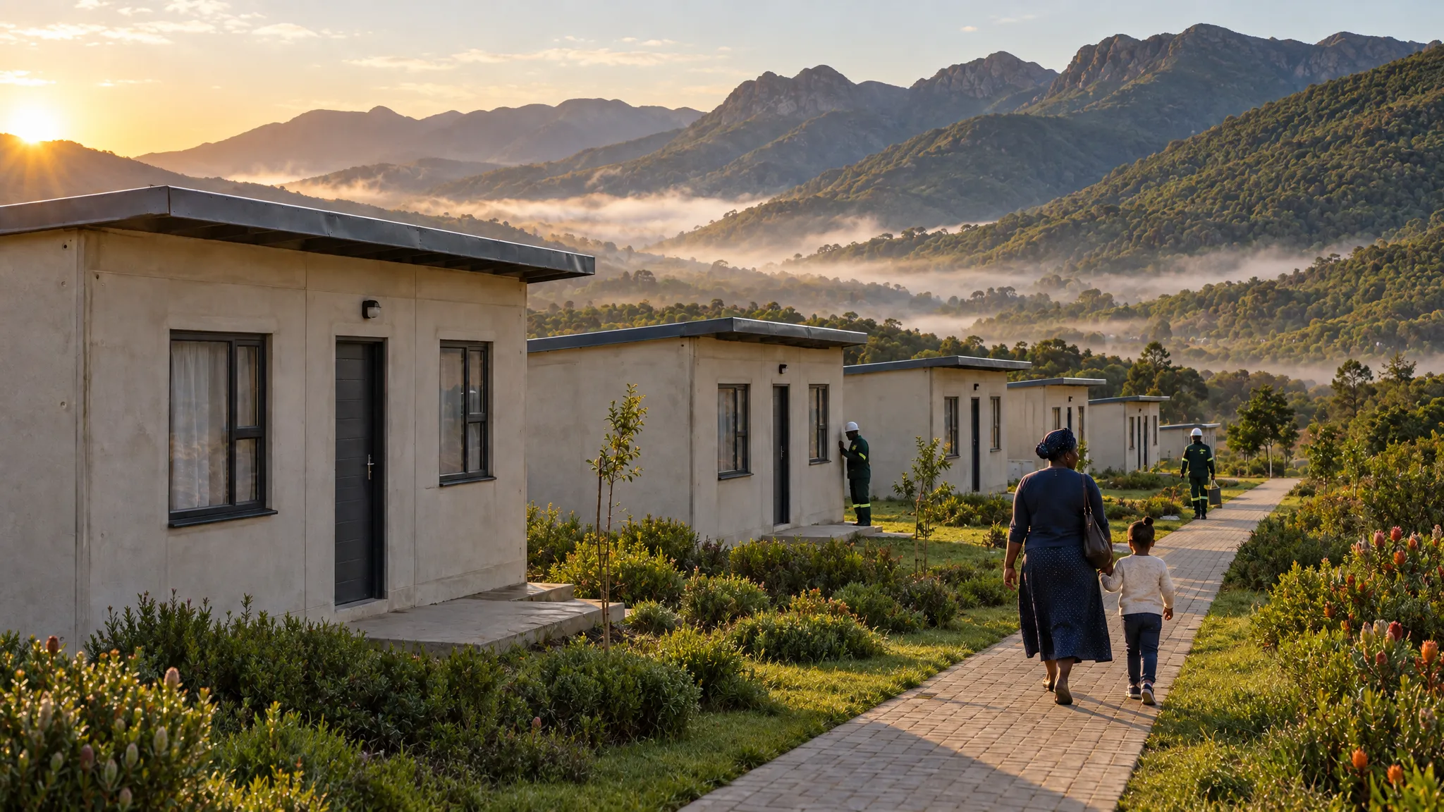Artist's impression of a mother and child walking past new single-storey precast concrete homes at dawn, green mountains and valley mist behind.