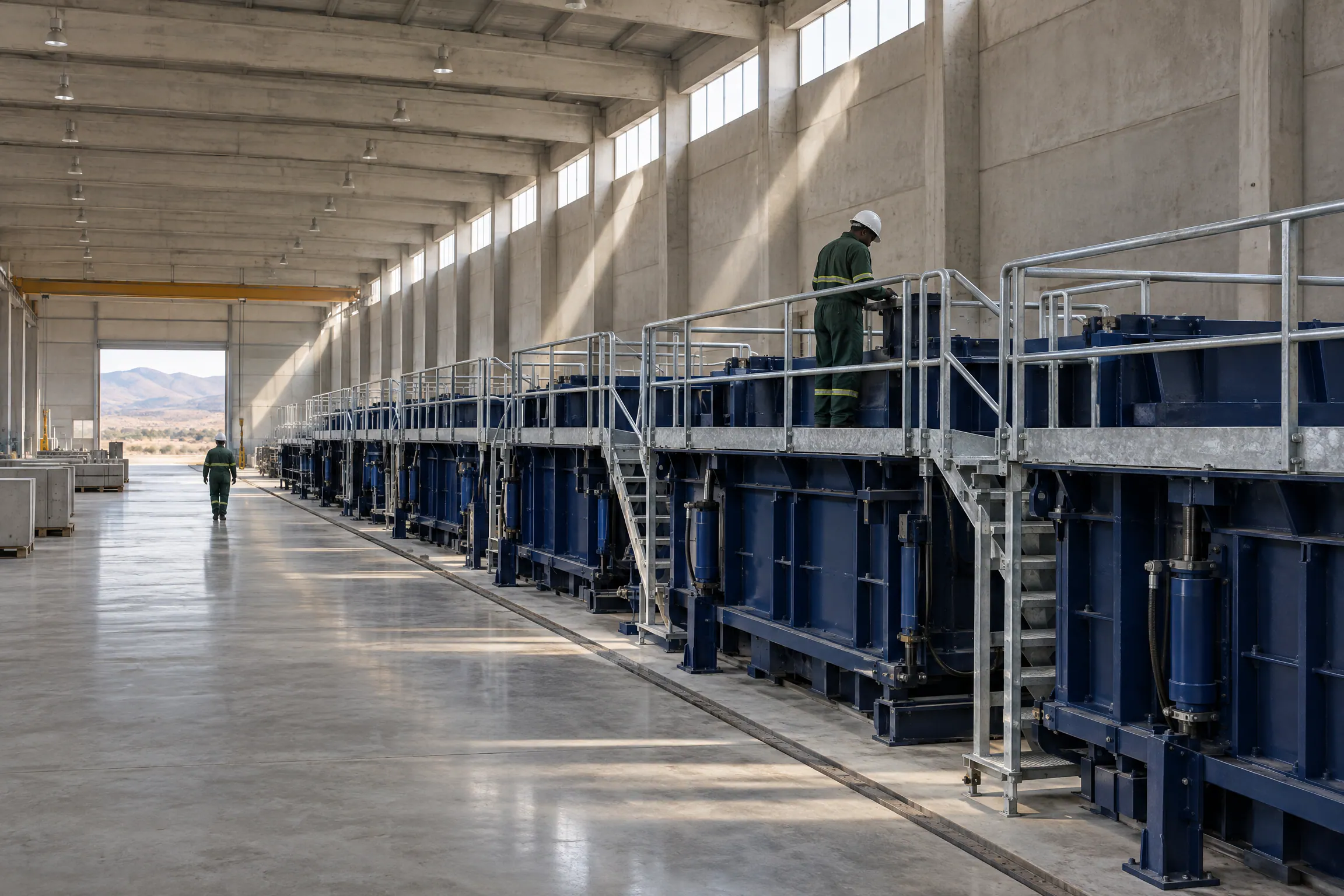 Artist's impression of a quiet precast factory hall with a line of navy hydraulic moulds in morning light.