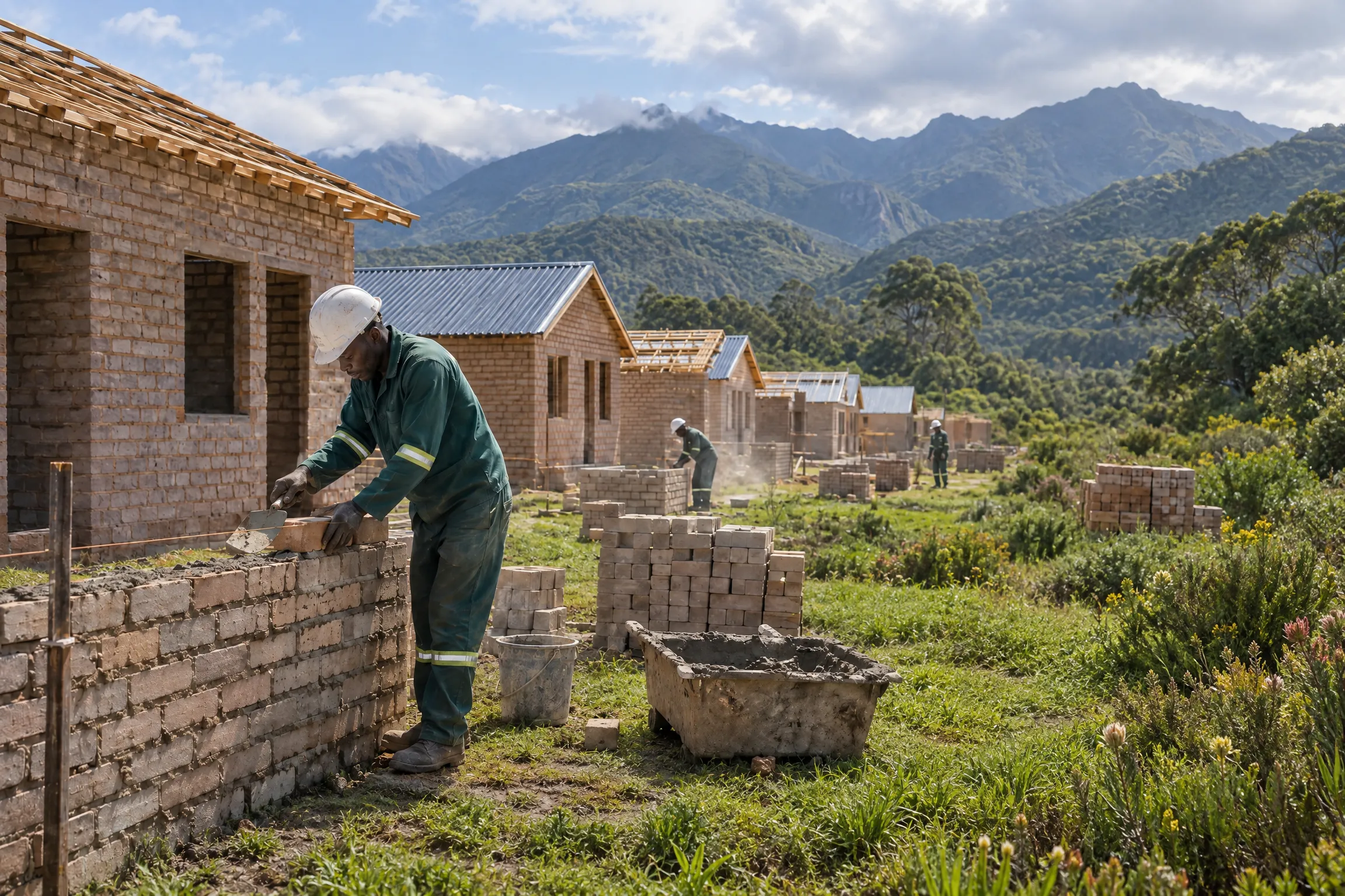 Artist's impression of rows of half-built brick houses on an open site, a bricklayer working beneath green mountains.