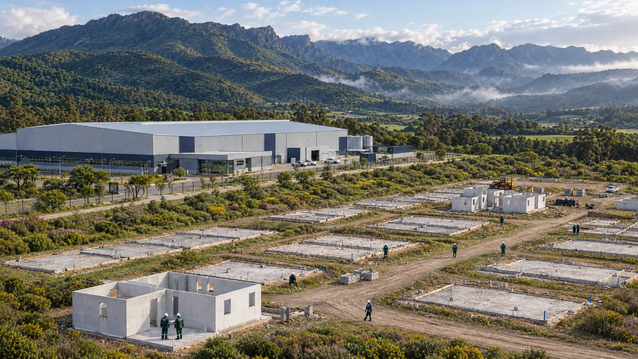 Artist's impression of an aerial view of a factory beside a residential development site in a green mountain valley.
