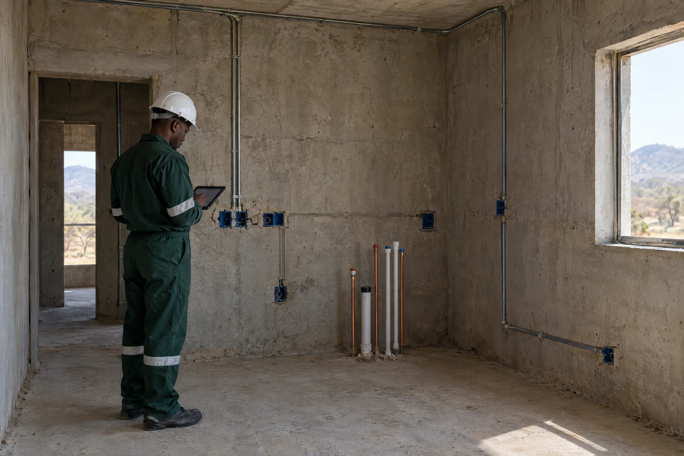 Artist's impression of an inspector with a tablet inside a bare concrete module with cast-in conduits and plumbing stubs.