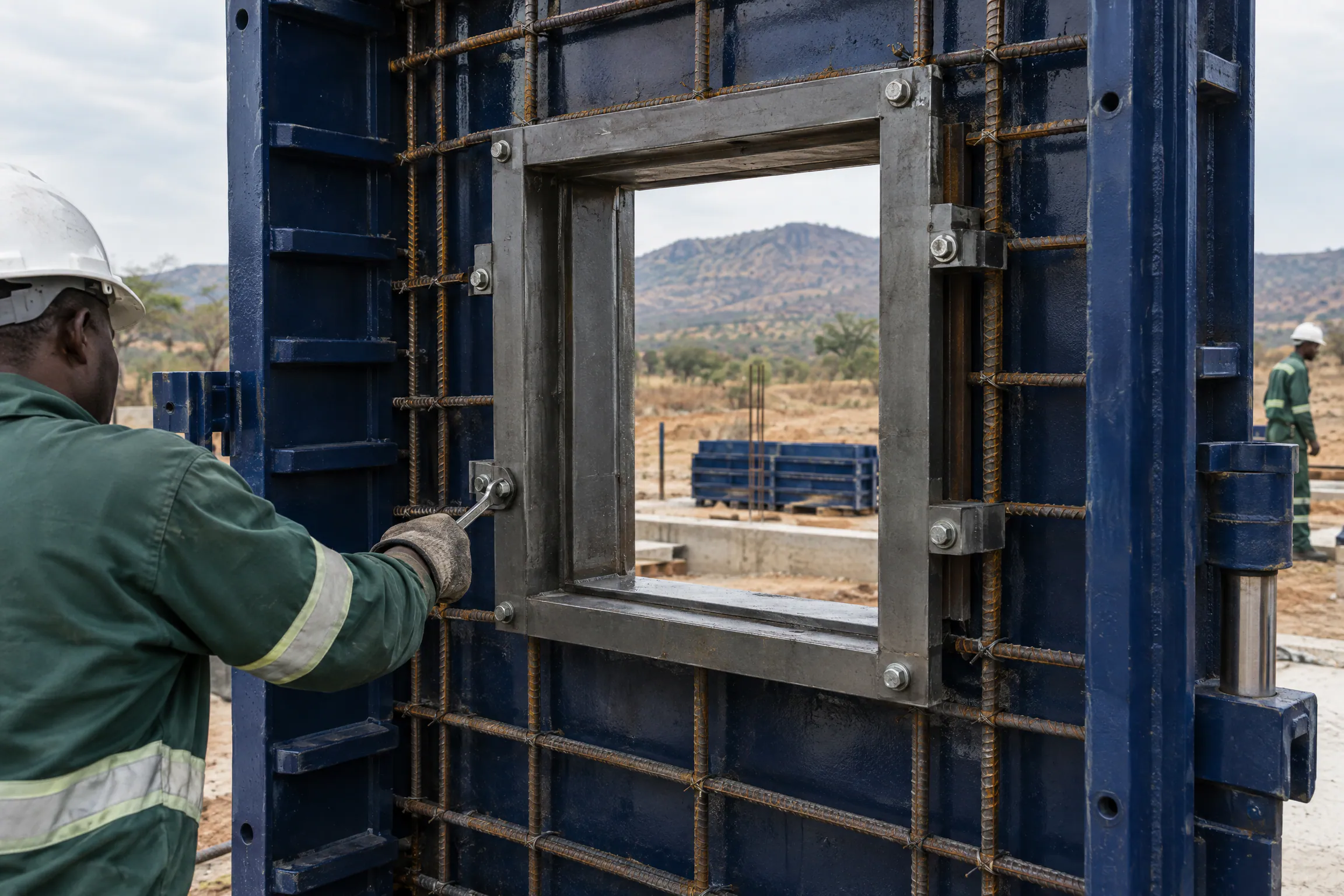Artist's impression of a steel window shutter set being bolted inside an open navy mould before the pour.