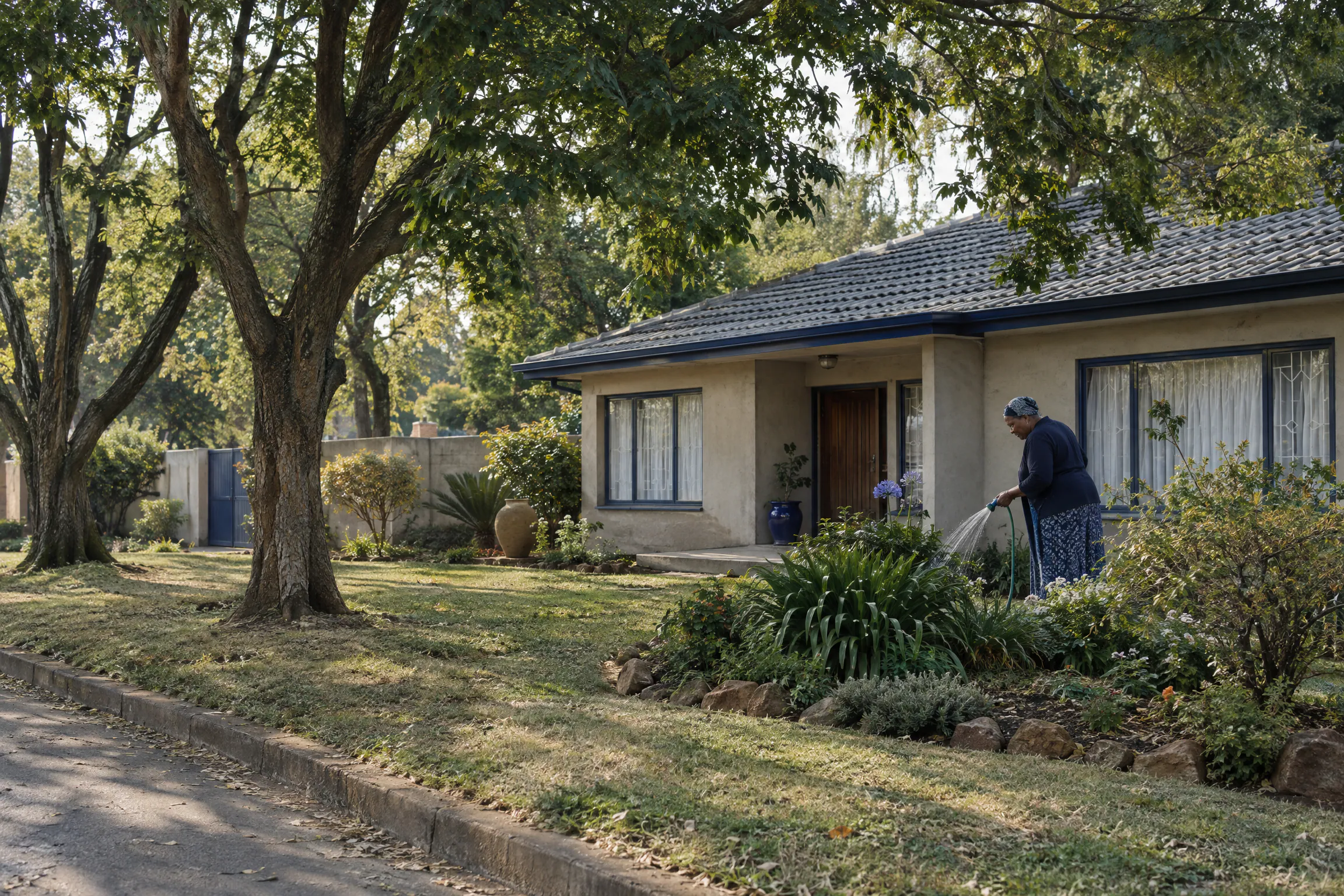 Artist's impression of a mature, well-kept concrete home on a tree-lined street, its owner watering the garden.
