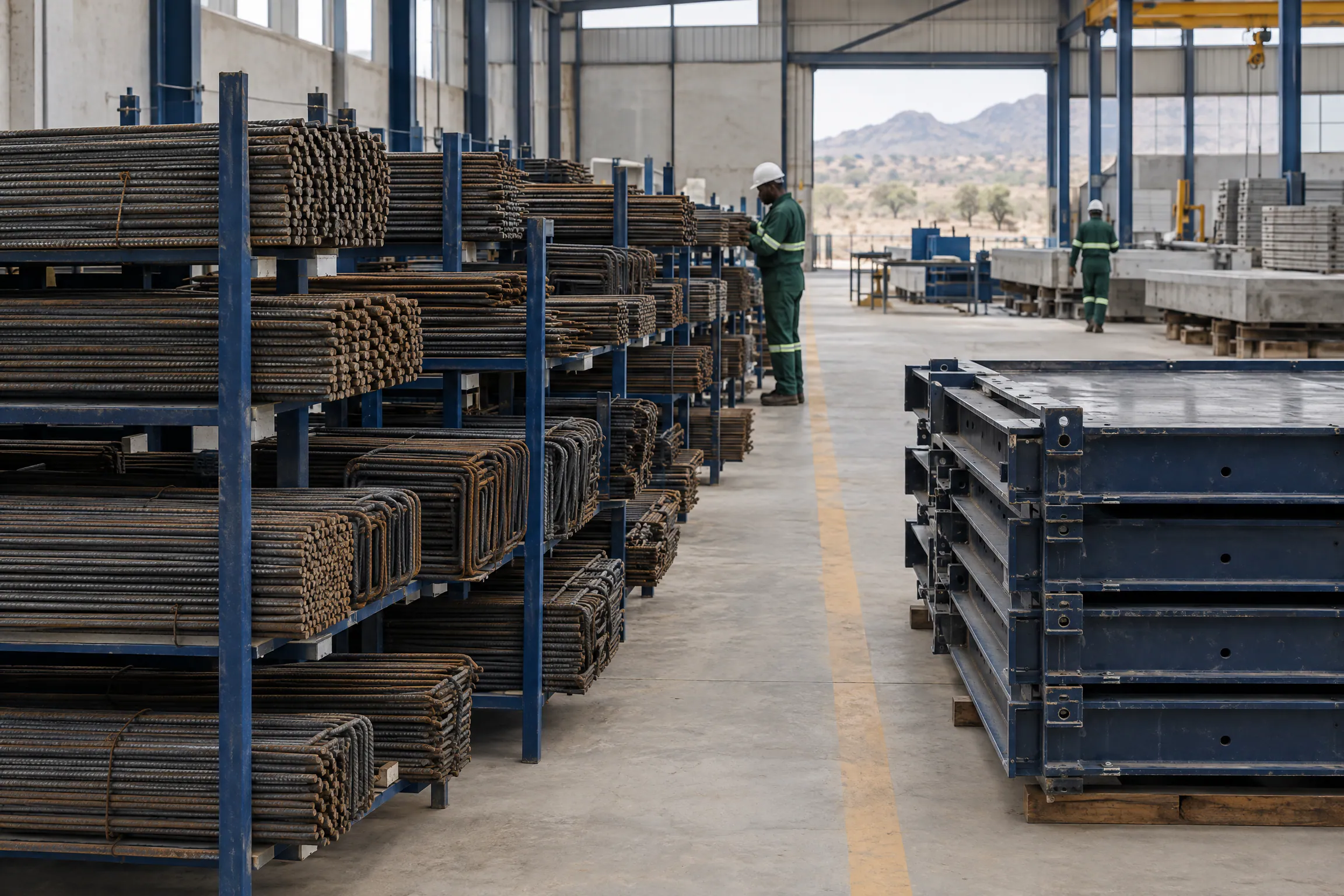 Artist's impression of racks of cut reinforcement bars and stacked steel mould panels in a factory.