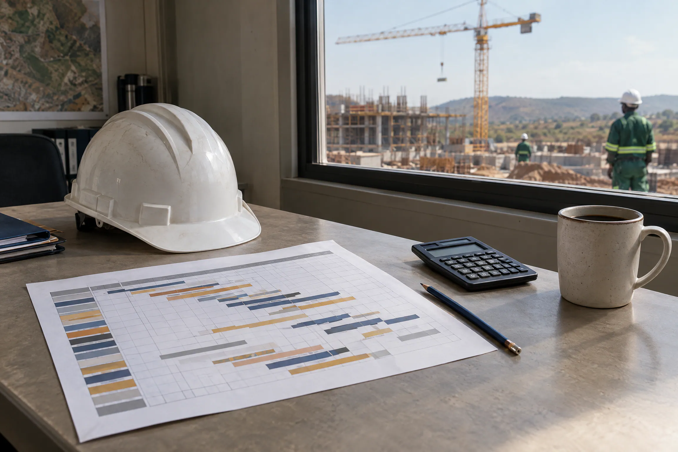 Artist's impression of a construction programme chart, hard hat and calculator on a site-office desk.