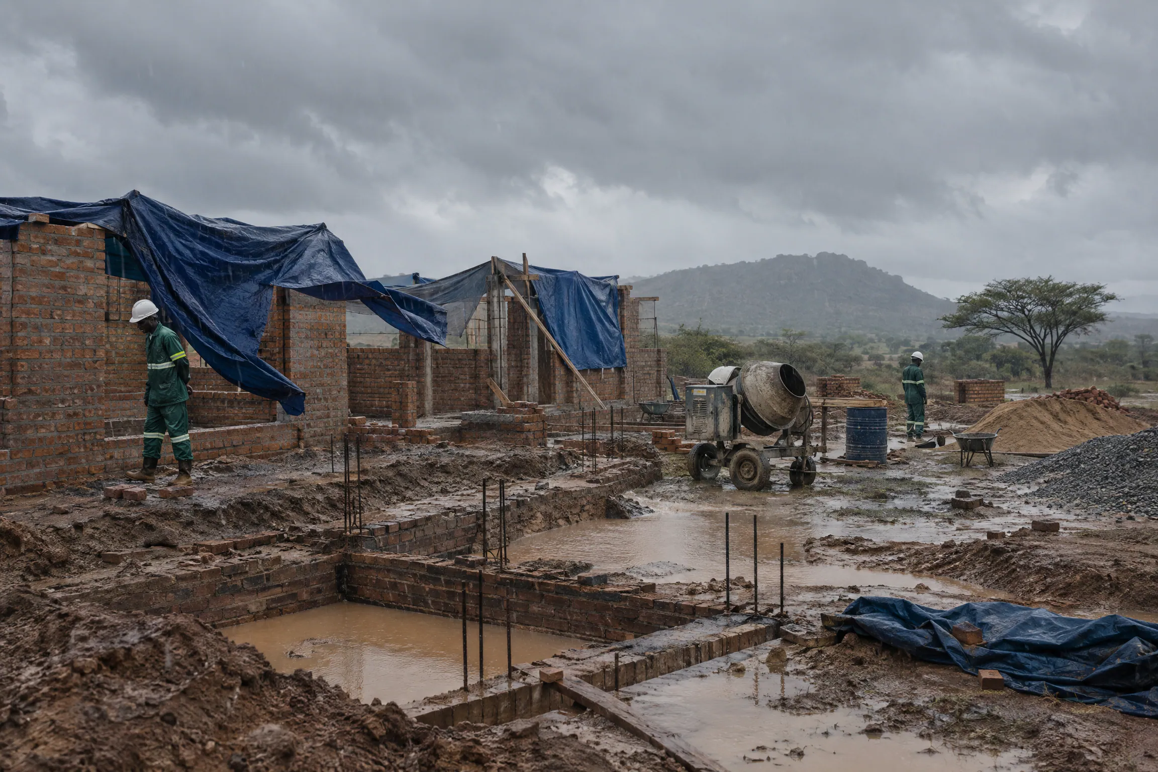 Artist's impression of a brick construction site stalled in heavy rain, with waterlogged trenches and tarpaulins.