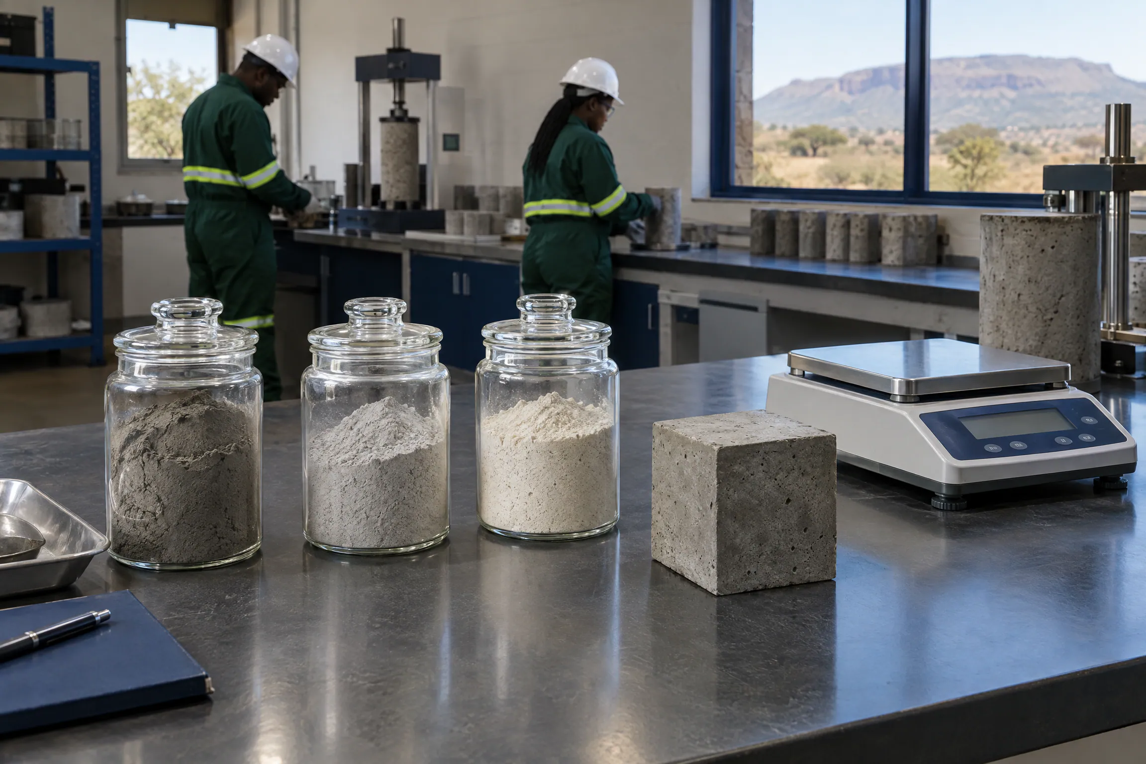 Artist's impression of jars of cement, fly ash and slag beside a concrete test cube and a scale on a laboratory bench.
