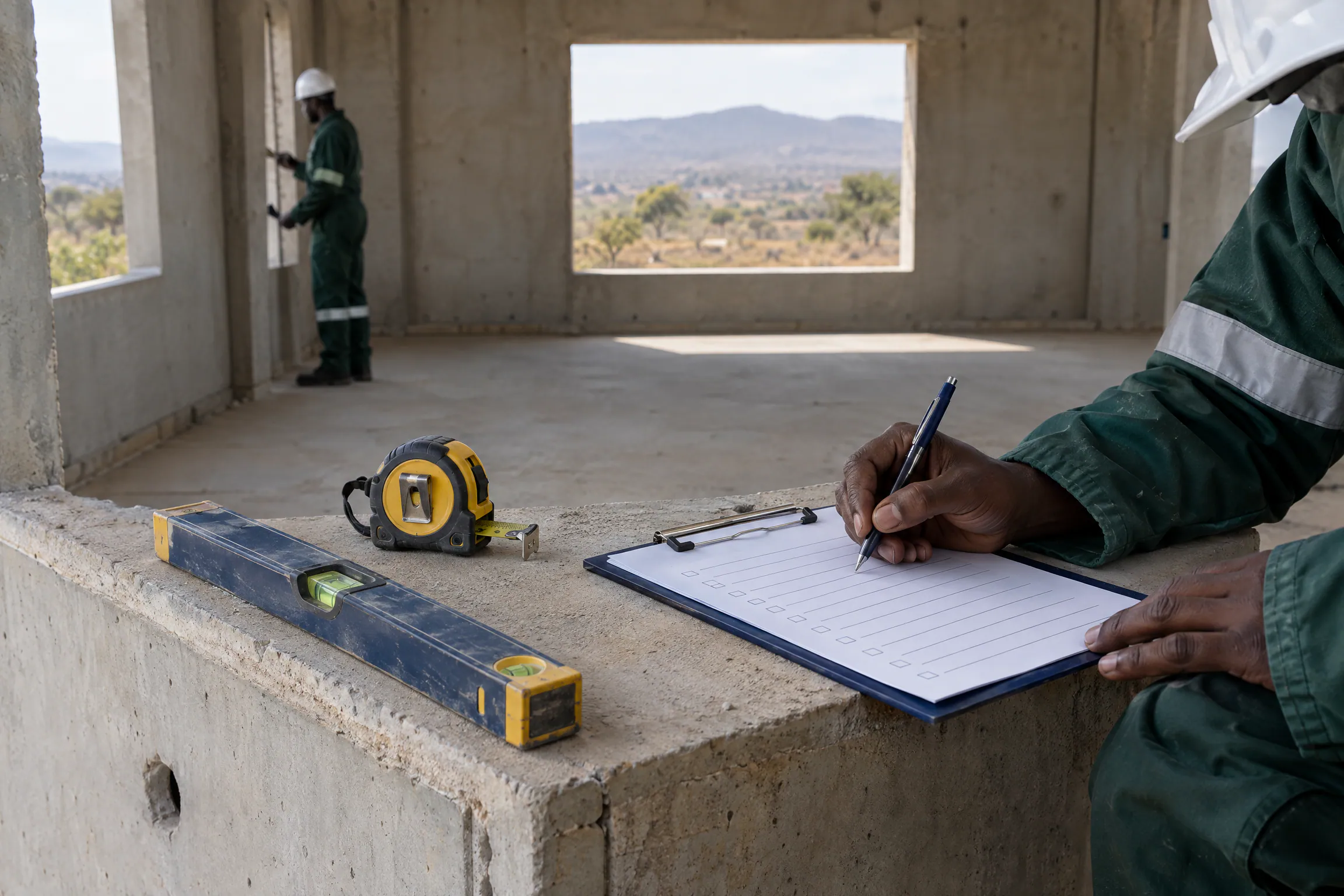 Artist's impression of a hand signing an inspection checklist on a clipboard resting on a concrete module.