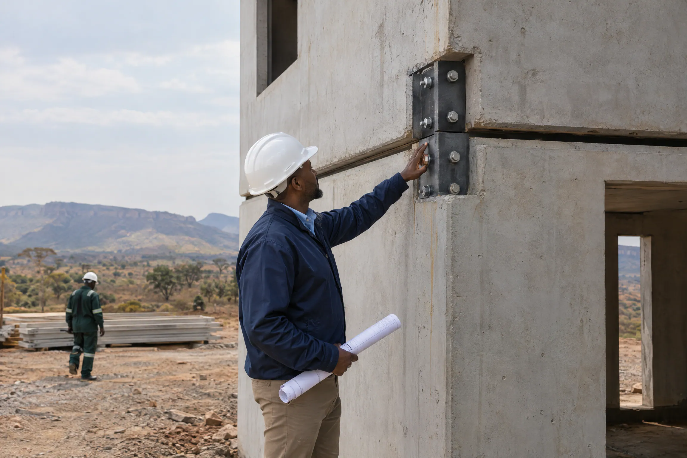 Artist's impression of an engineer inspecting a steel connection plate between two stacked concrete modules.