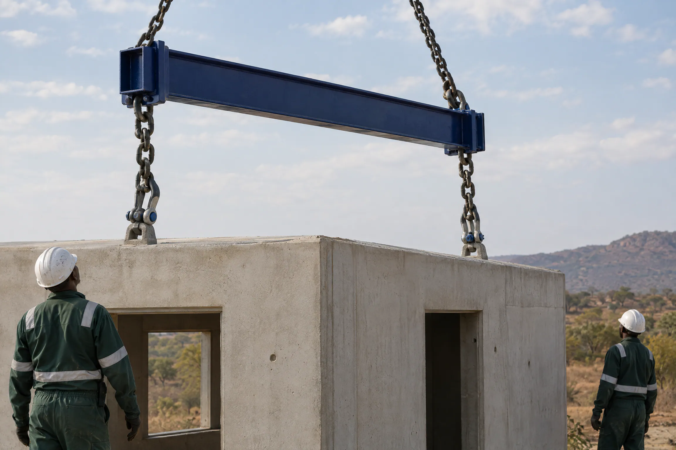 Artist's impression of a navy steel spreader beam with chains connected to lifting anchors on a concrete module.