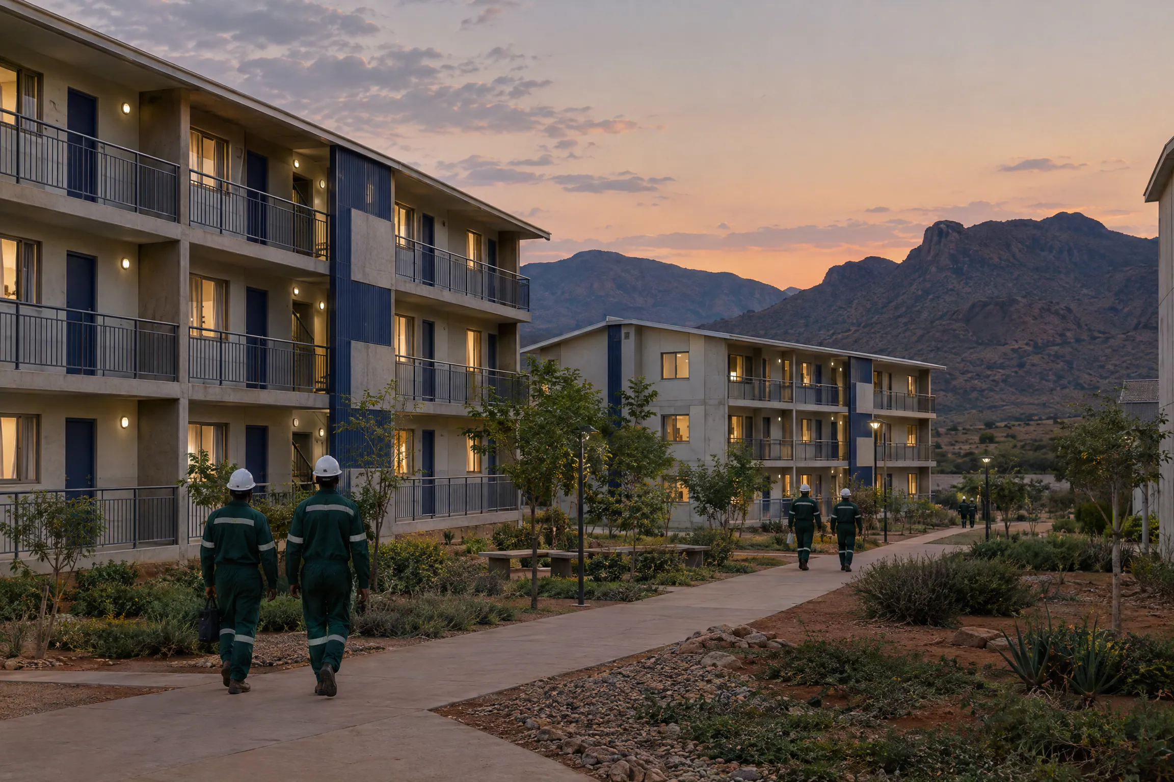 Artist's impression of three-storey accommodation blocks near a mine at dusk, workers walking home.