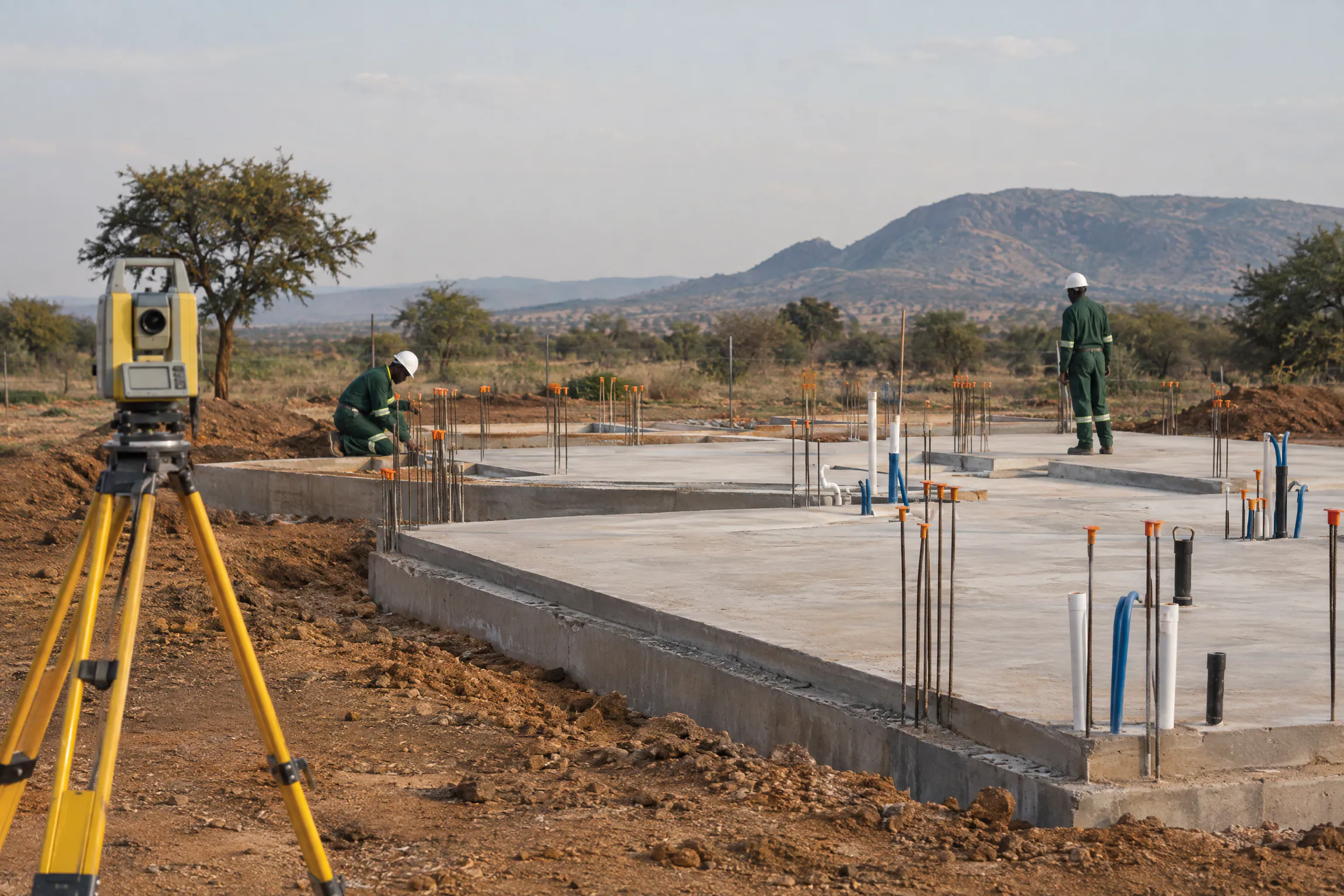 Artist's impression of prepared foundation slabs with service connections and a surveyor's instrument on a tripod.