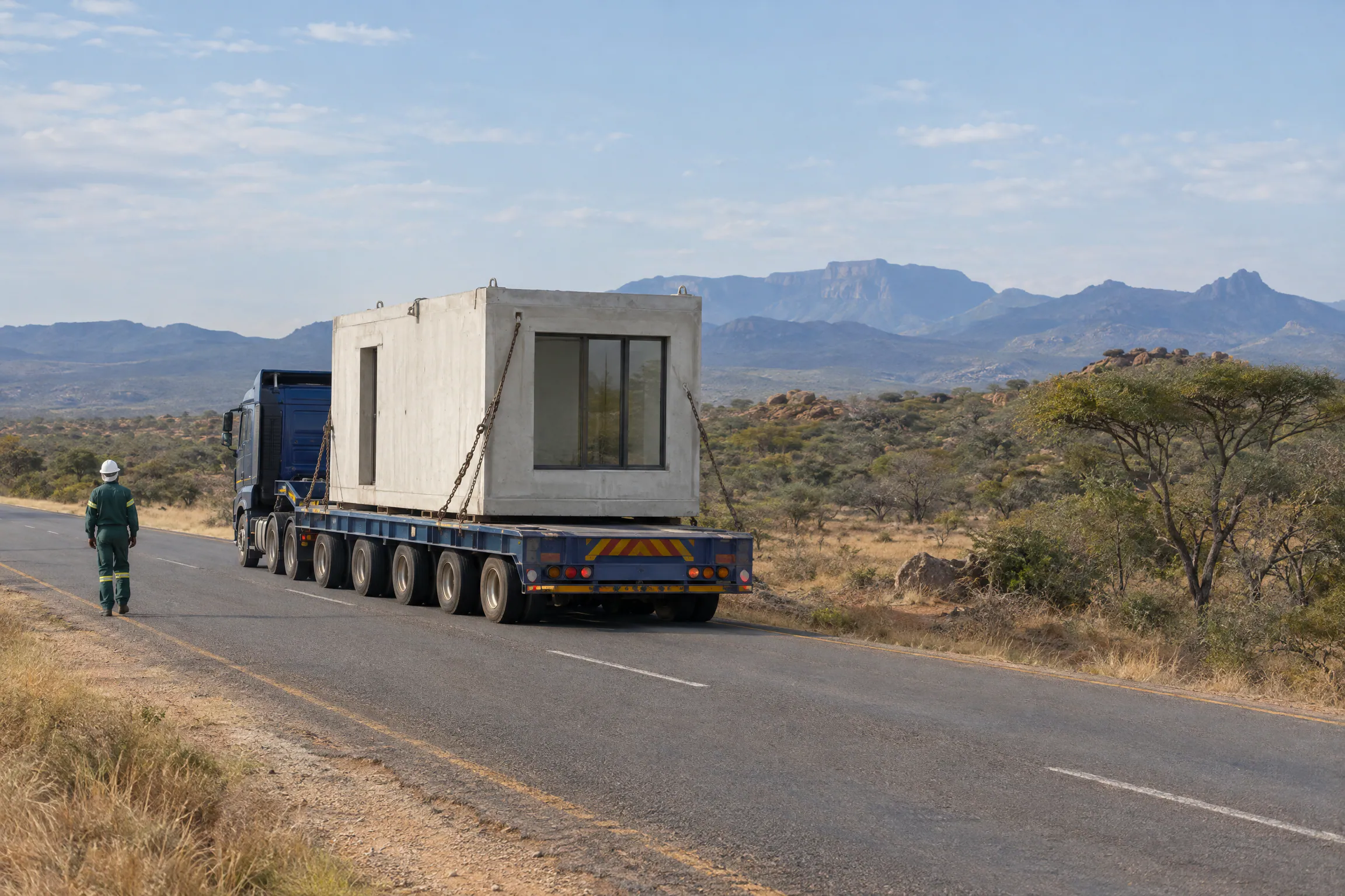 Artist's impression of a low-bed truck carrying a concrete room module along a rural road in the Limpopo bushveld.