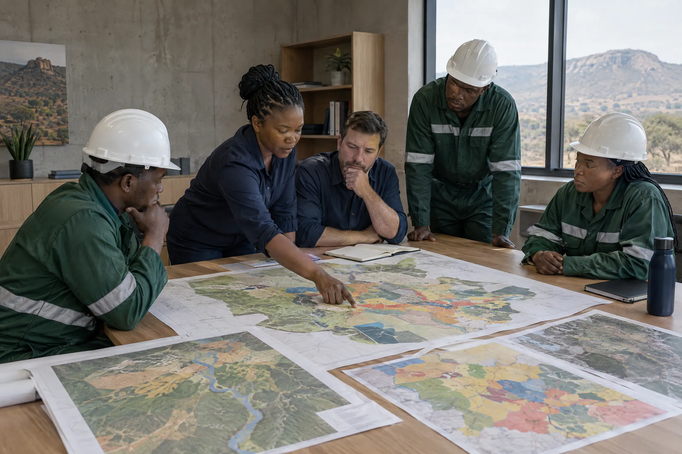 Artist's impression of planners around a table of land-use maps.