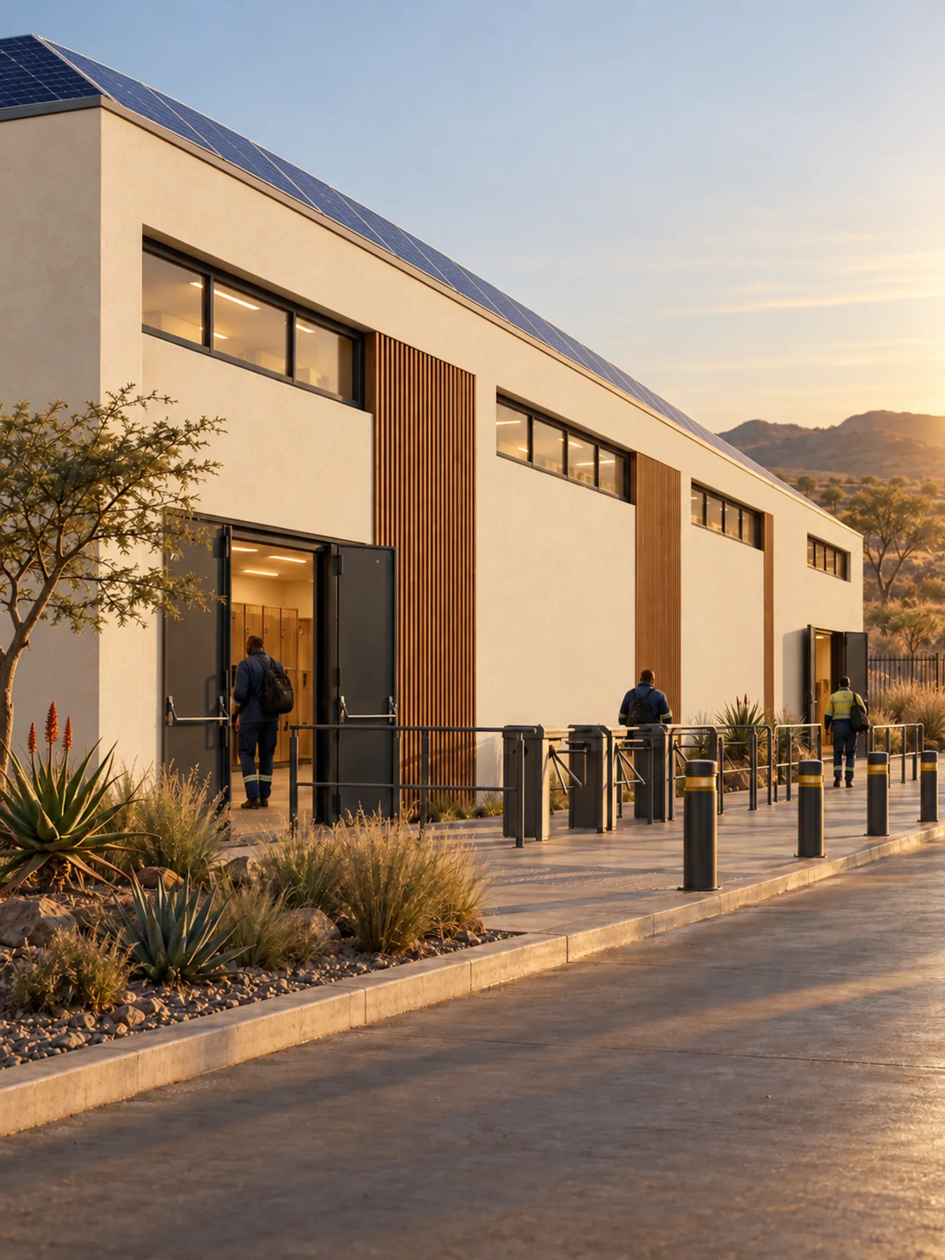 Photoreal visualisation of a precast change house at a plant entrance.