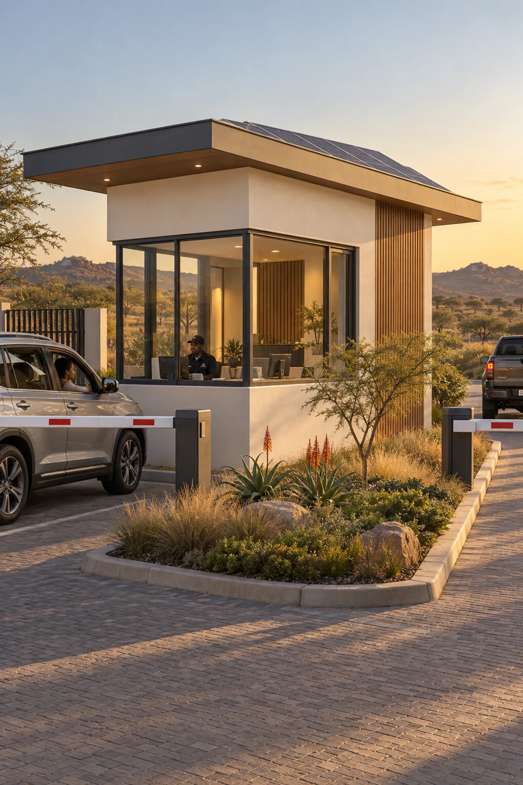 Photoreal visualisation of a precast security guardhouse.