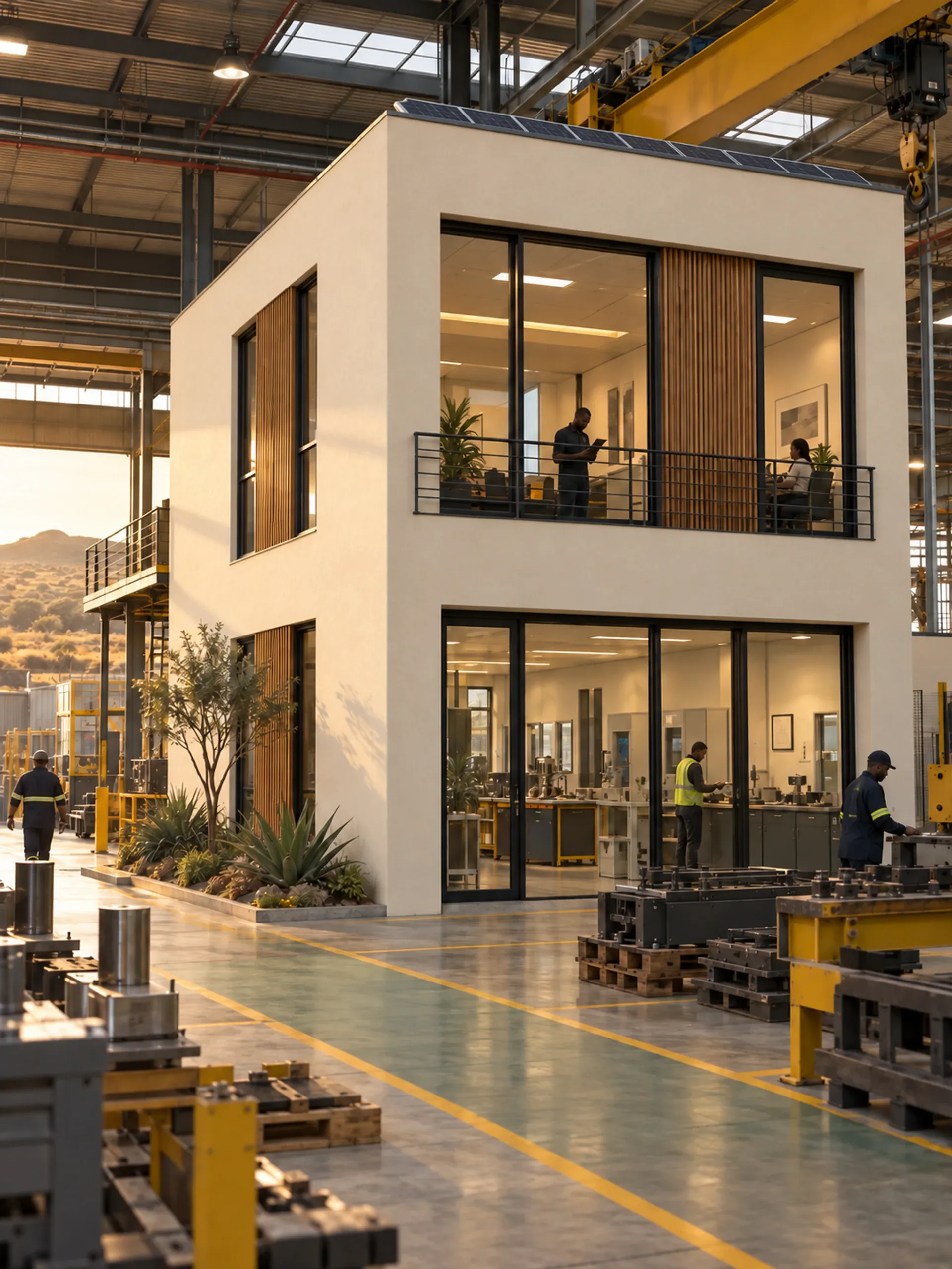 Photoreal visualisation of a precast supervisor and QC block inside a manufacturing plant.