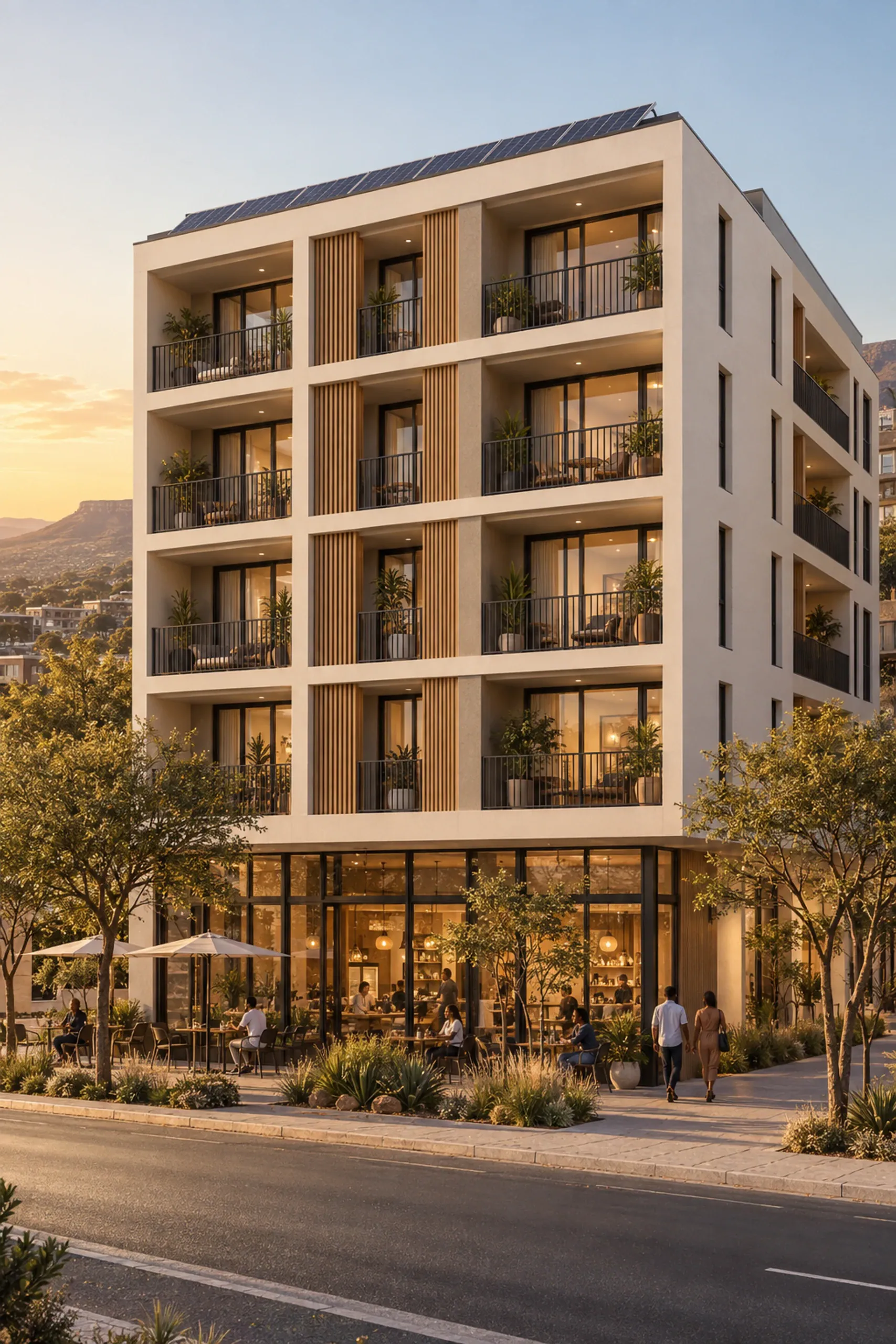 Photoreal visualisation of a mixed-use building with retail podium and residential floors.