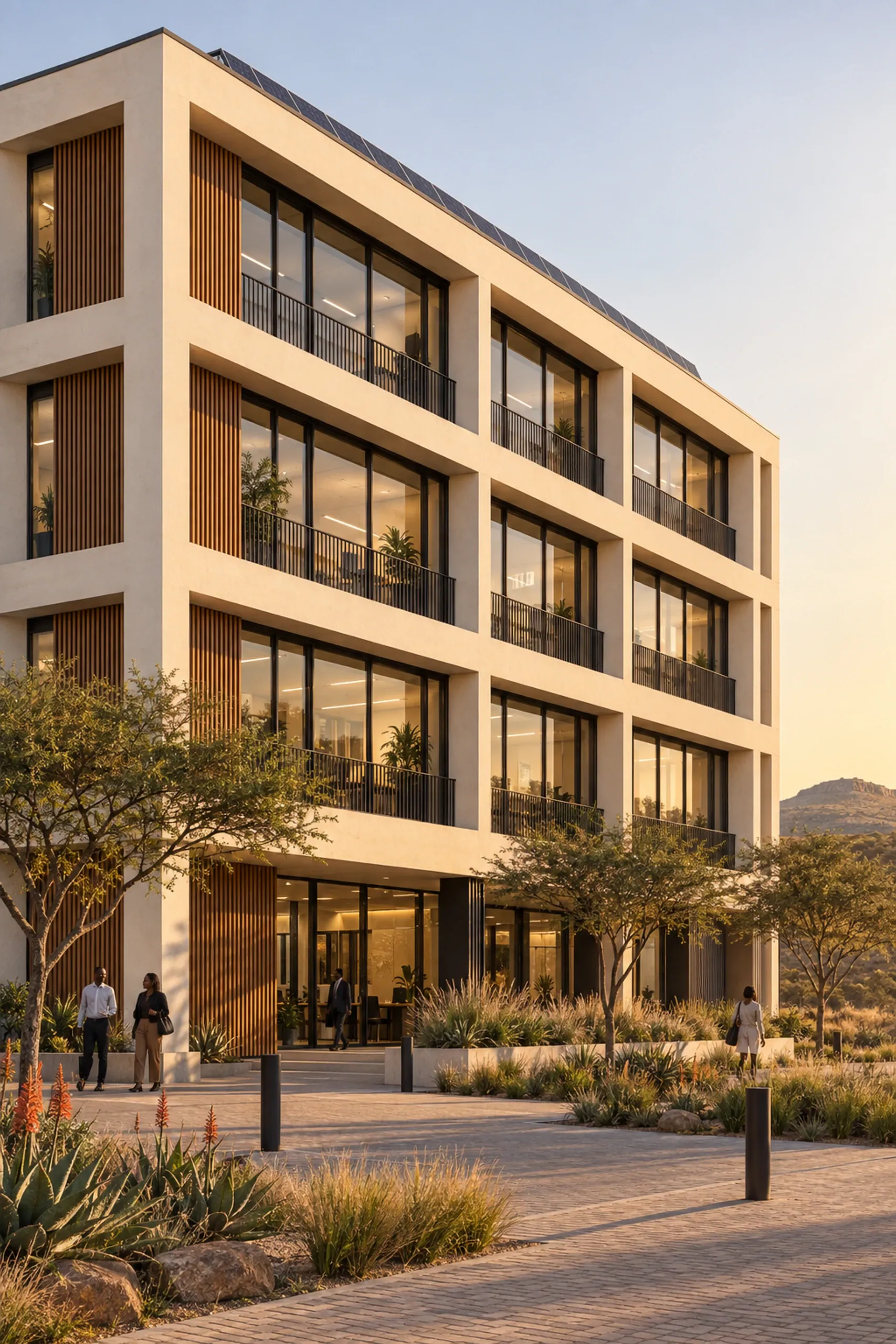 Photoreal visualisation of a four-storey precast office block.