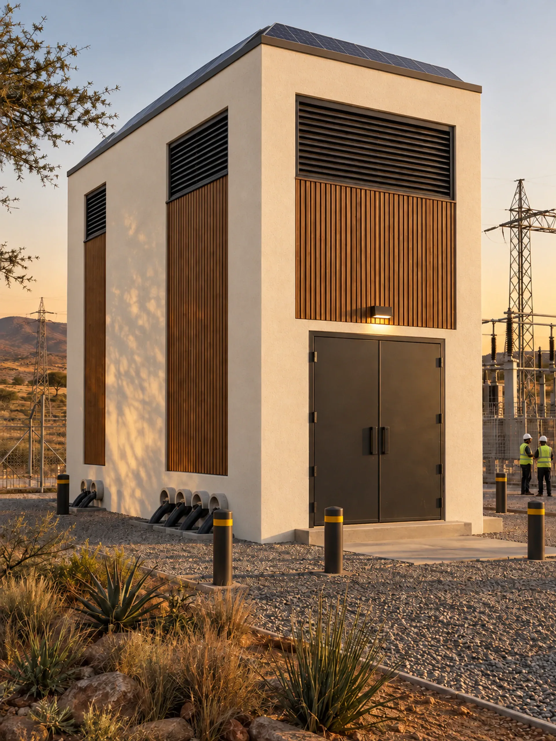 Photoreal visualisation of a precast substation enclosure.