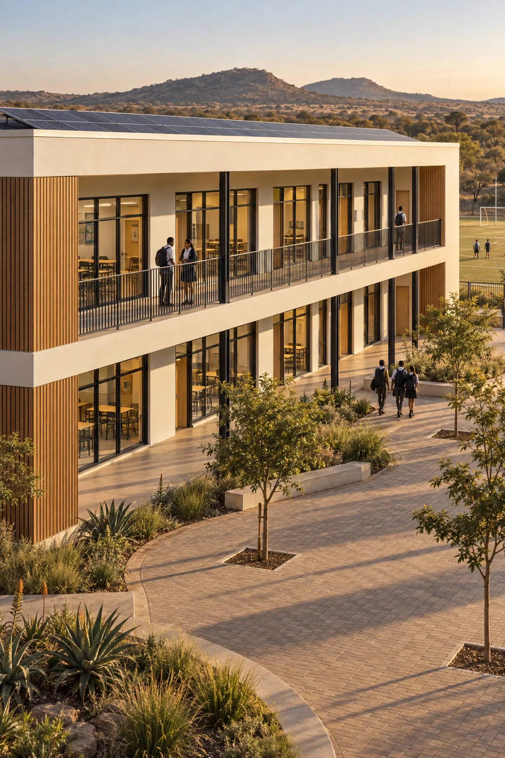 Photoreal visualisation of a double-storey precast school classroom block.