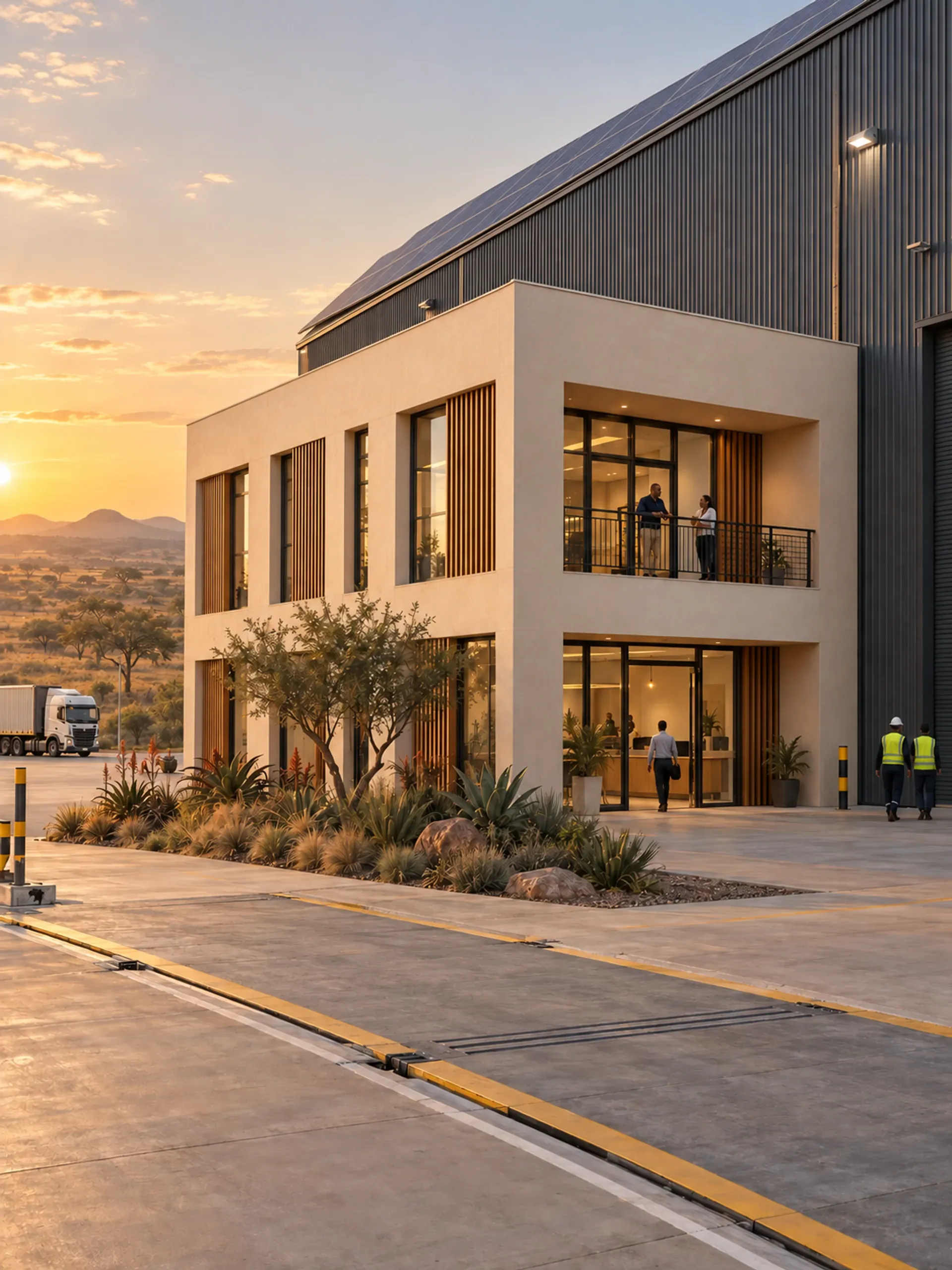 Photoreal visualisation of a precast office block against a warehouse shell.