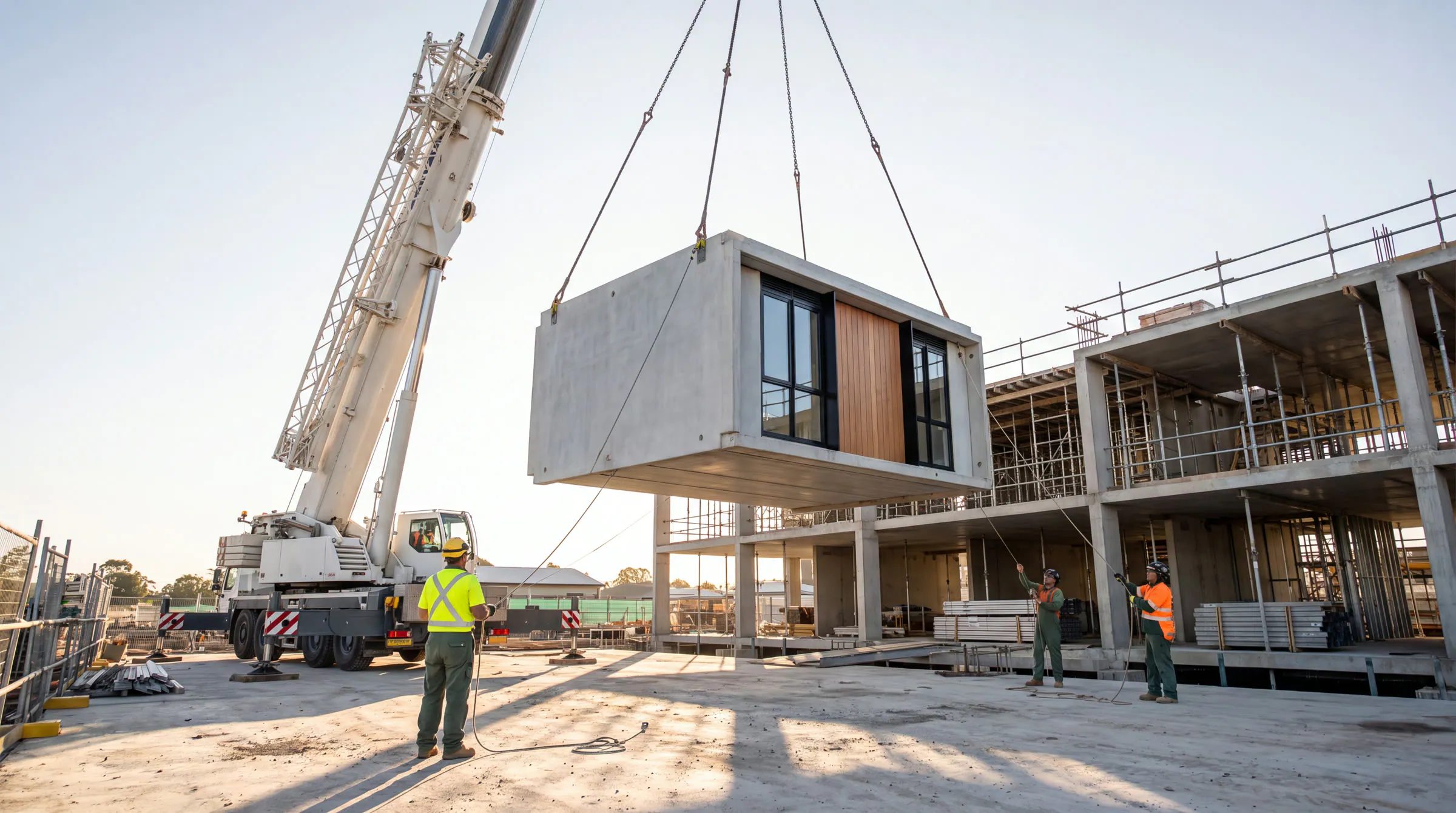 A crane lifting a completed volumetric concrete module into position on a multi-storey structure.
