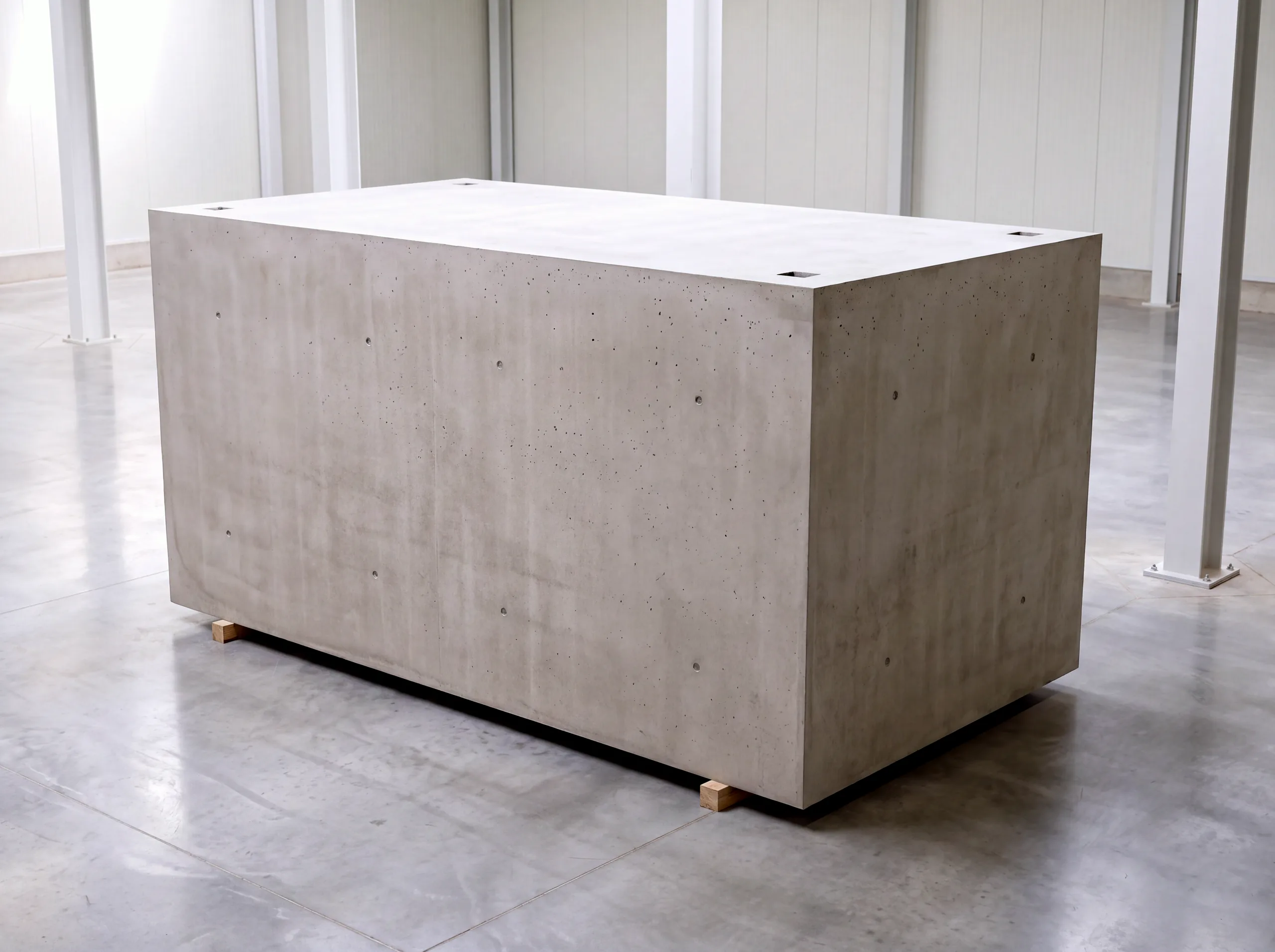 Three-quarter view of a cast Core module — a single seamless concrete volume, four walls and roof in one pour, with flush lifting recesses in the roof.