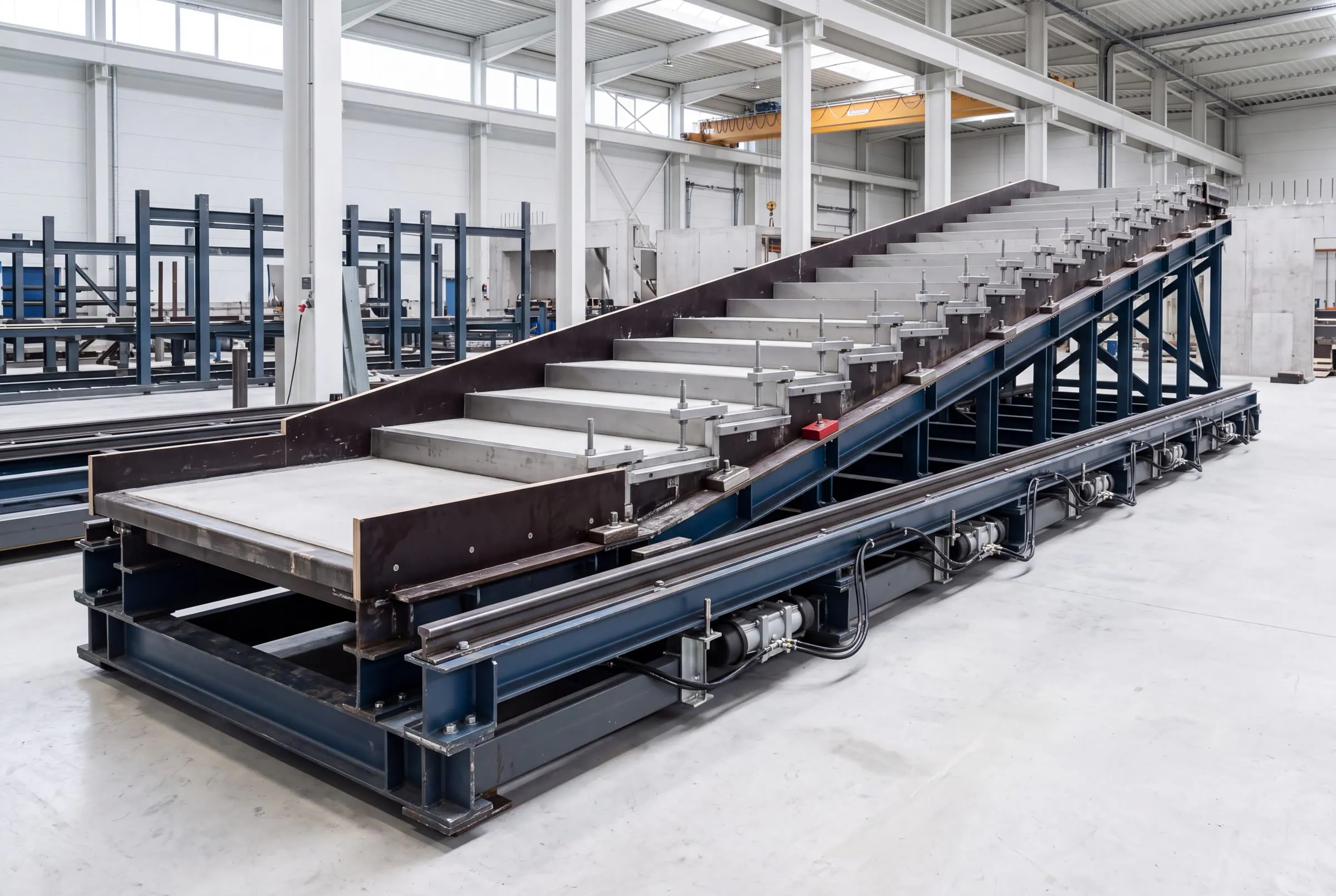 Artist's impression of a precast staircase mould on a production floor.