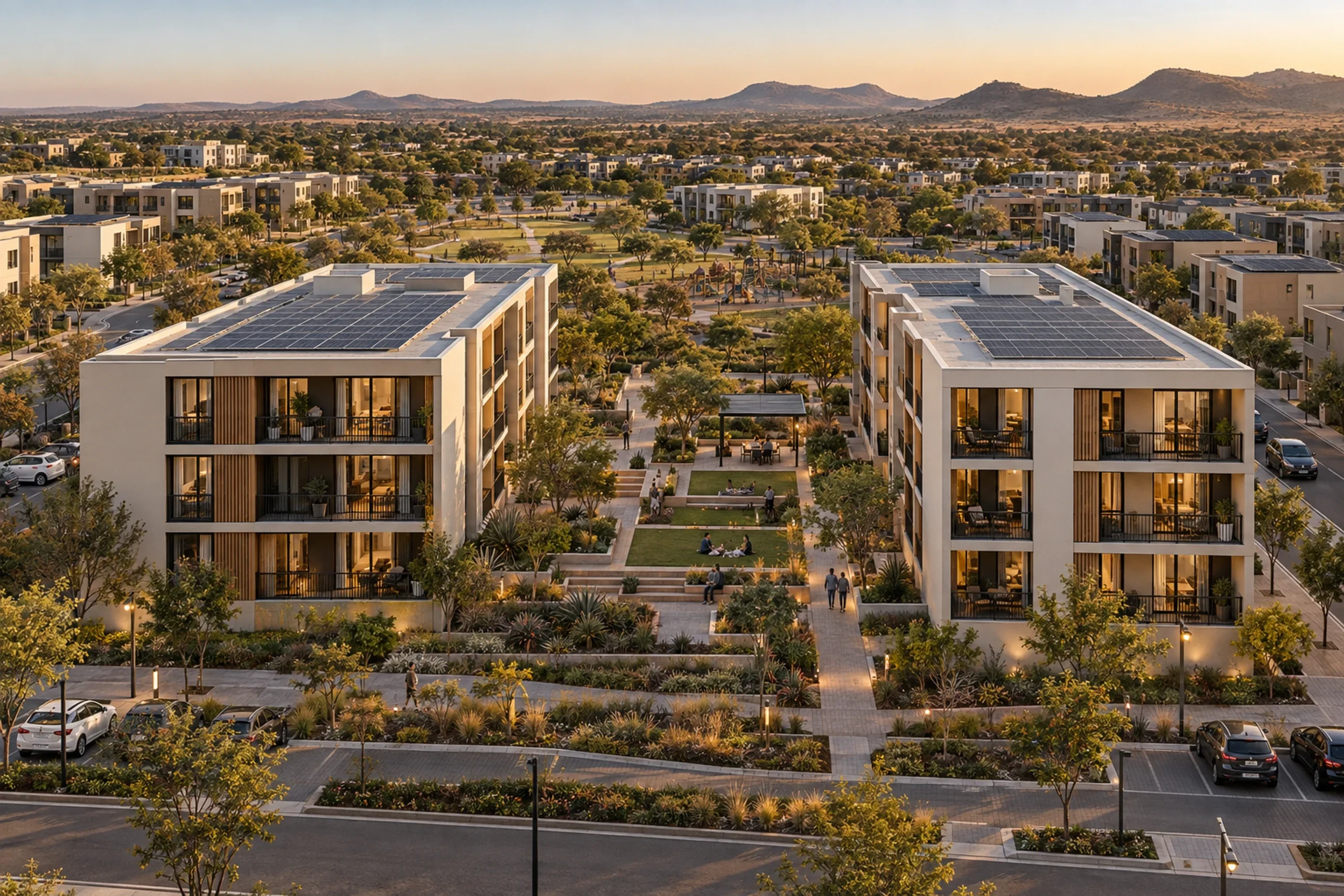 Aerial visualisation of a precast student accommodation precinct — two four-storey residence blocks with rooftop solar around a landscaped courtyard.